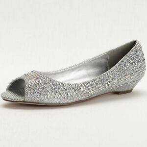 David's Bridal Peep Toe Low Wedge Silver AJUSTIN10 Women's 7